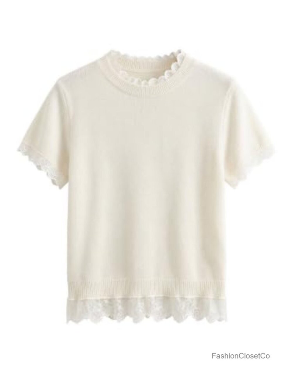 Lace Trim Short Sleeve Lightweight Knit Sweater Pullover Spring Summer